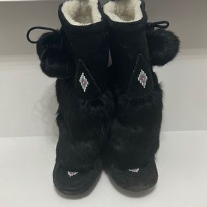 Black Fur Moccasin Boots with Beaded Detail